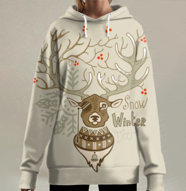 Оригинальный зимний олень с ветвистыми рогами, Hoodie Long Oversize 3D