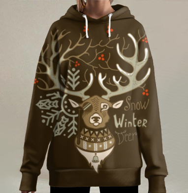 Снежный зимний олень с моноклем и ягодами, Hoodie Long Oversize 3D