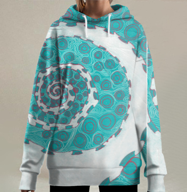 Спиральное движение бирюзовое вращение волн, Hoodie Long Oversize 3D