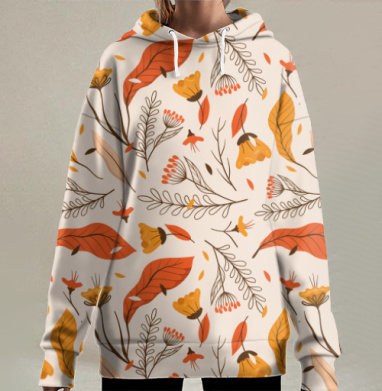Осенние листья цветочный узор тёплые оттенки природы, Hoodie Long Oversize 3D