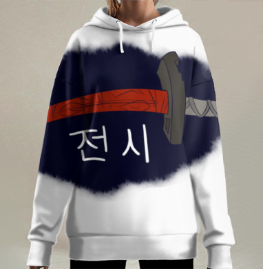 Катана с красным клинком и корейскими символами в центре, Hoodie Long Oversize 3D