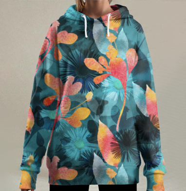 Яркий абстрактный флористический акварельный ботанический узор, Hoodie Long Oversize 3D