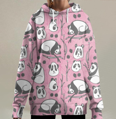 Милый паттерн с пандами и бамбуком на розовом фоне, Hoodie Long Oversize 3D