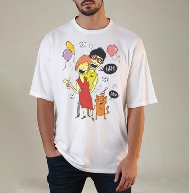 Pop art вечеринка / Party с женщиной мужчиной и рыжим котом PARTY ТУСУЕМСЯ - Магазин футболок urteco - Дизайнерские принты