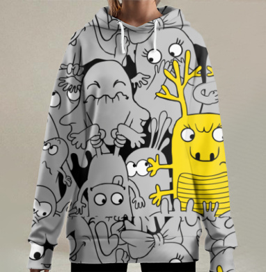 Яркий желтый монстр среди серых созданий, Hoodie Long Oversize 3D