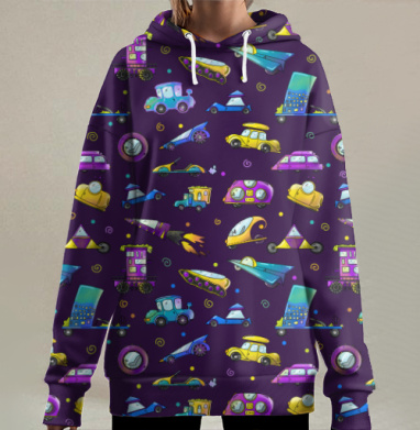 Яркий коллаж мультяшных транспортных средств для детей, Hoodie Long Oversize 3D
