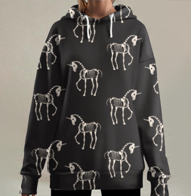 Скелеты Единорогов Бело Черный Фантастический Узоры, Hoodie Long Oversize 3D