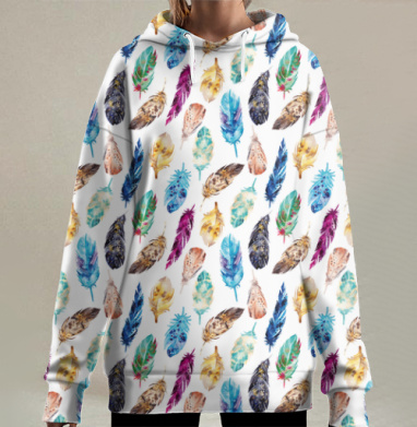 Легкий узор с разноцветными перьями, Hoodie Long Oversize 3D