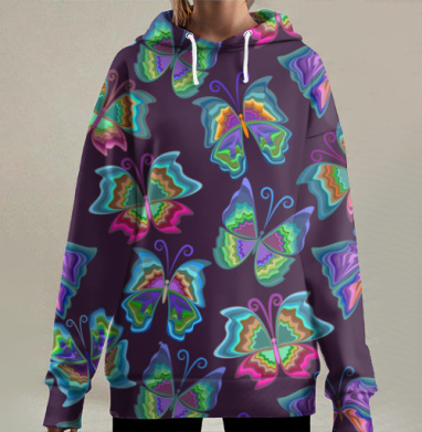 Перламутровые яркие бабочки на темном фоне, Hoodie Long Oversize 3D