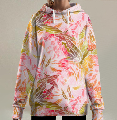 Пышный пионовый узор в теплой палитре, Hoodie Long Oversize 3D