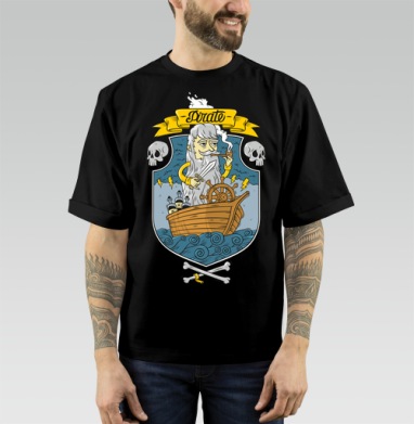 Cartoon Pirate Captain / Старый морской волк в маленькой деревянной лодке - Купить мужские футболка oversize–limitless Хип в Москве, цена мужских футболки oversize–limitless  с прикольными принтами - магазин дизайнерской одежды Maryjane