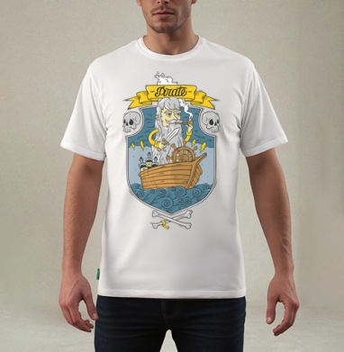 Cartoon Pirate Captain / Старый морской волк в маленькой деревянной лодке, Футболка мужская REGULAR белая