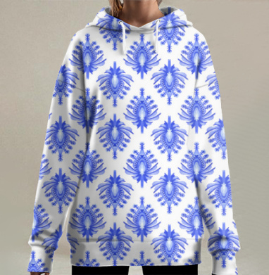 Синяя традиционная гжельская роспись с художественной эстетикой, Hoodie Long Oversize 3D