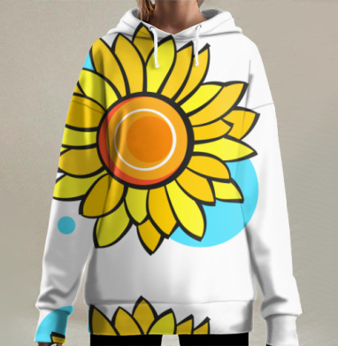 Яркий подсолнух с оранжевым центром на сером фоне, Hoodie Long Oversize 3D