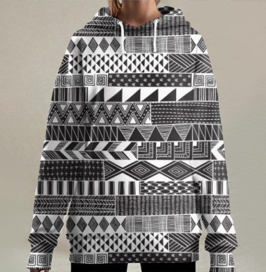 Узоры этнические черно-белые с геометрией, Hoodie Long Oversize 3D