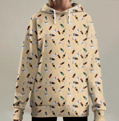 Праздничные бутылки шампанского с бокалами на персиковом фоне, Hoodie Long Oversize 3D