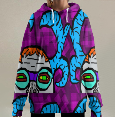Яркий портрет с большими рогами и очками на пурпурном фоне, Hoodie Long Oversize 3D