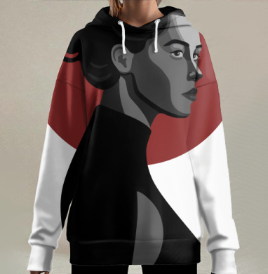 Профиль женщины с красным кругом на фоне минимализм, Hoodie Long Oversize 3D