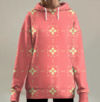 Золотые контрастные цветы на красном фоне, Hoodie Long Oversize 3D