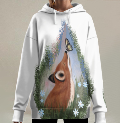 Лиса с бабочкой на носу нежность лета природы, Hoodie Long Oversize 3D