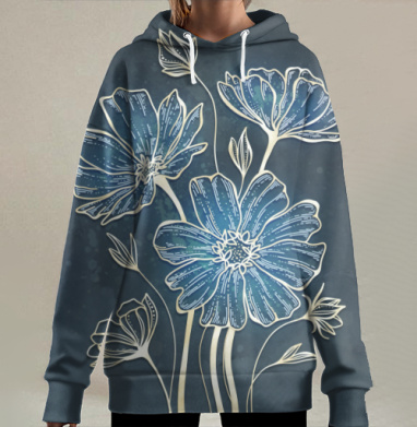 Нежные синие цветы на темном фоне спокойствие вдохновение умиротворение, Hoodie Long Oversize 3D