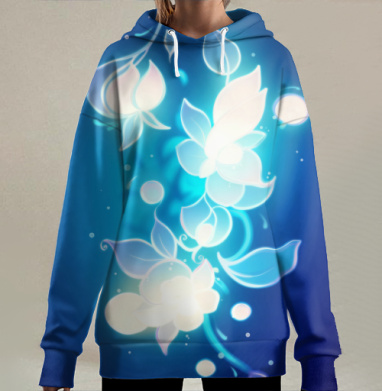 Магическое свечение нежности голубых цветов на темном фоне, Hoodie Long Oversize 3D