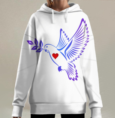 Голубь мира с сердцем и ветвью мира во всем мире, Hoodie Long Oversize 3D