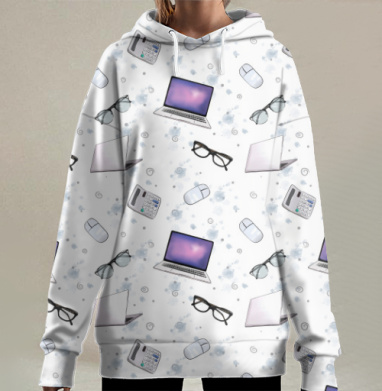 Рабочие офисные гаджеты техника ноутбук мышь очки калькулятор, Hoodie Long Oversize 3D
