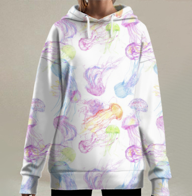 Разноцветные медузы плывут под водой красиво плывут под водой, Hoodie Long Oversize 3D