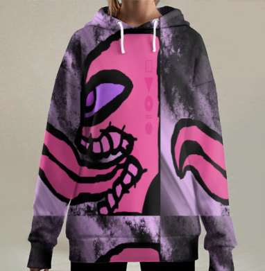 Страшная розовая морда с языком на черном фоне, Hoodie Long Oversize 3D