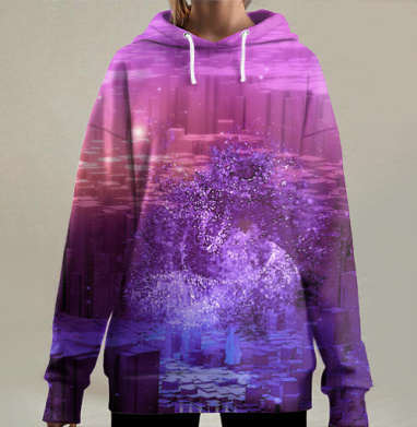 Светящееся дерево в футуристическом городе, Hoodie Long Oversize 3D