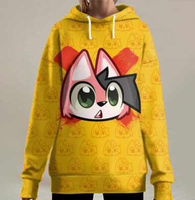 Озадаченная лиса с красным крестом на желтом фоне, Hoodie Long Oversize 3D