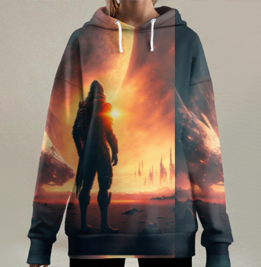 Исследователь галактической планеты на фоне горизонта, Hoodie Long Oversize 3D