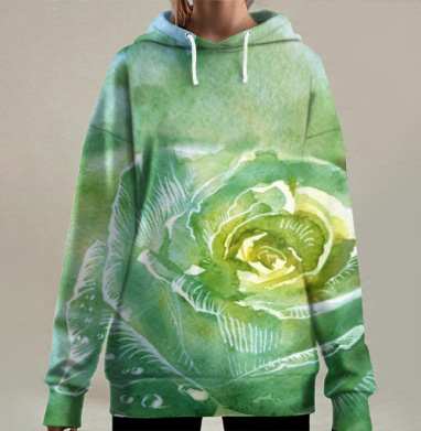 Загадочная зеленая роза в акварели, Hoodie Long Oversize 3D