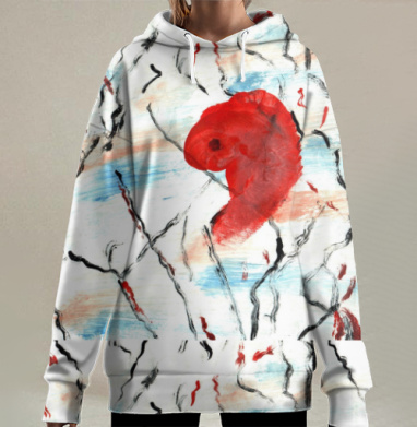 Красное пятно и абстрактные линии на белом фоне, Hoodie Long Oversize 3D