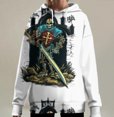Рыцарь скелет с мечом возле замка, Hoodie Long Oversize 3D
