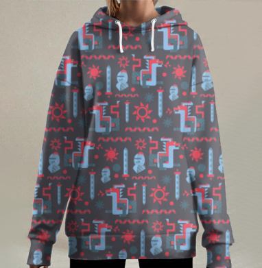 Фэнтези паттерн с драконами и рыцарями, Hoodie Long Oversize 3D