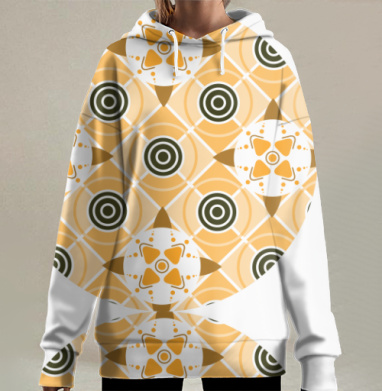 Рыжий геометрический узор с темно зелеными акцентами, Hoodie Long Oversize 3D