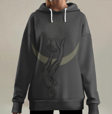 Мистическая рука с кристаллом и солнечным символом, Hoodie Long Oversize 3D