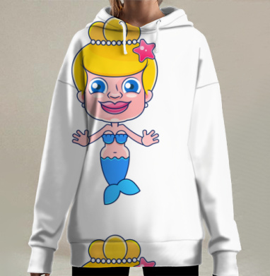 Весёлая русалка в голубом с розовой звездой, Hoodie Long Oversize 3D