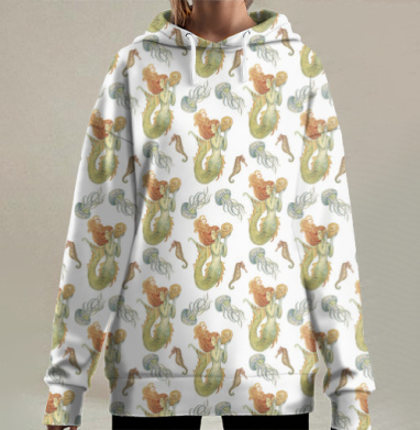 Морские русалки медузы и коньки под водой, Hoodie Long Oversize 3D
