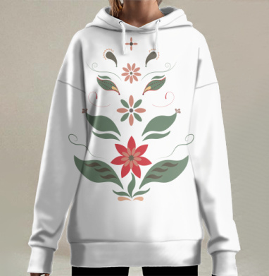 Цветочный орнамент с листочками и веточками, Hoodie Long Oversize 3D