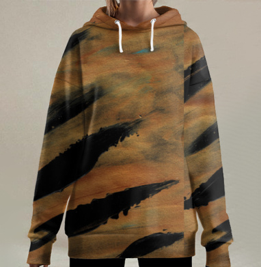 Черные мазки на коричневом фоне динамичные абстрактные линии, Hoodie Long Oversize 3D