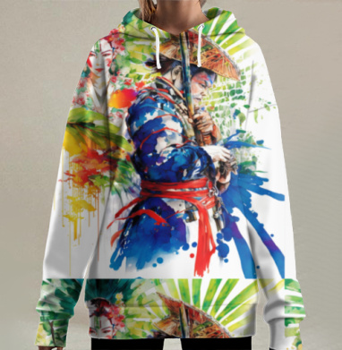 Женщина с цветами и воин в восточном стиле на сером фоне, Hoodie Long Oversize 3D