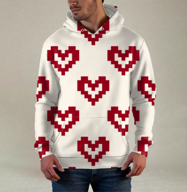 Пиксельные красные сердца на светлом фоне Pixel Hearts – Сердца, Худи / Мужская / С карманом / 3D
