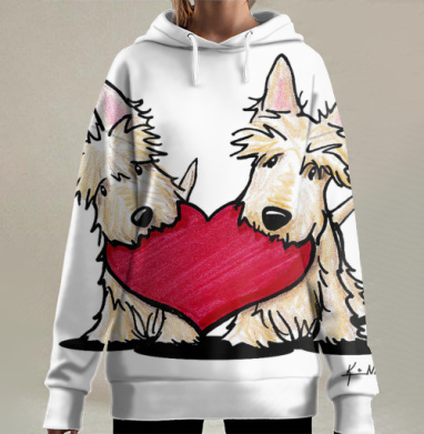 Два милых песика с большим красным сердечком в зубах, Hoodie Long Oversize 3D