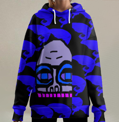 Синий череп с крыльями на черном фоне, Hoodie Long Oversize 3D