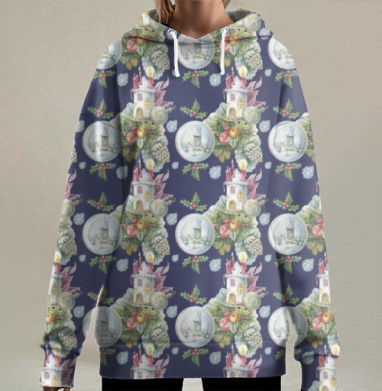 Зимние свечи домики ягоды ветви тихого вечера, Hoodie Long Oversize 3D