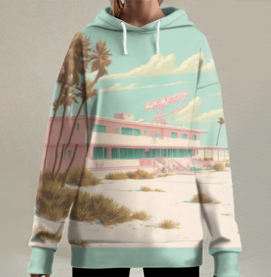 Пастельный розовый ретро автомобиль пустынный берег, Hoodie Long Oversize 3D