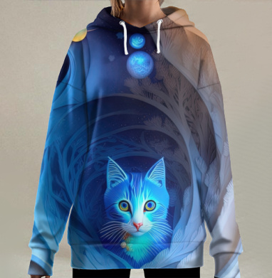 Синий космический кот мистический леса между мирами, Hoodie Long Oversize 3D